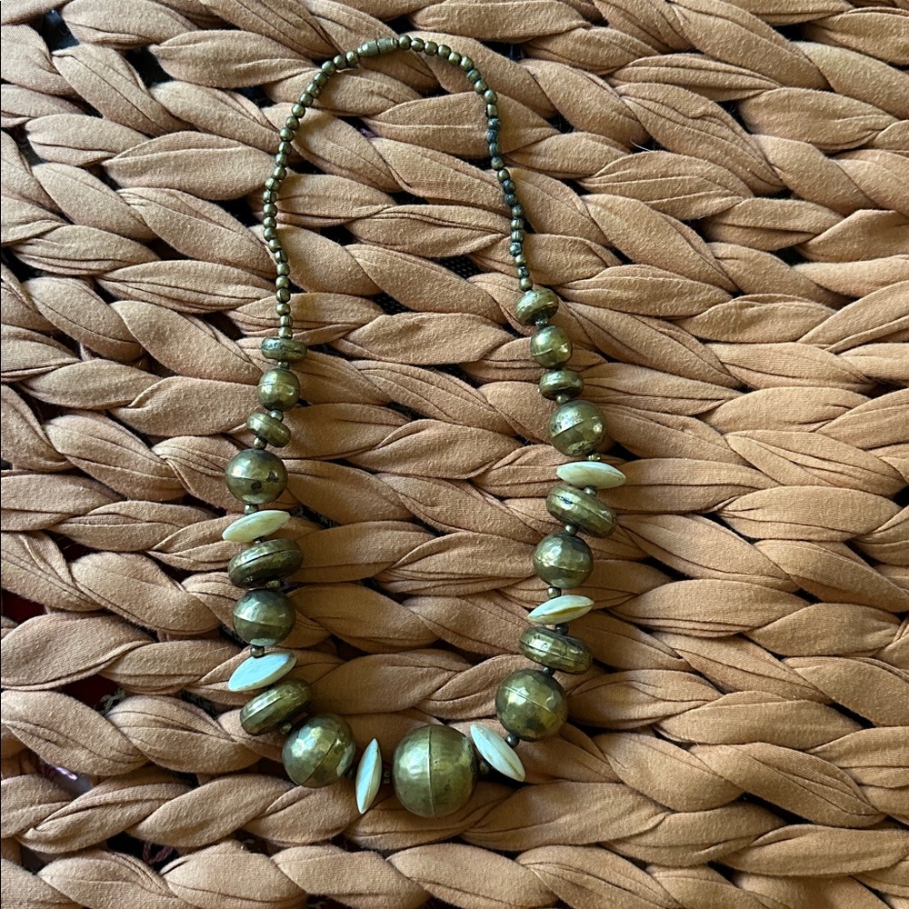 Vintage Beaded Brass Necklace with Capiz Accents